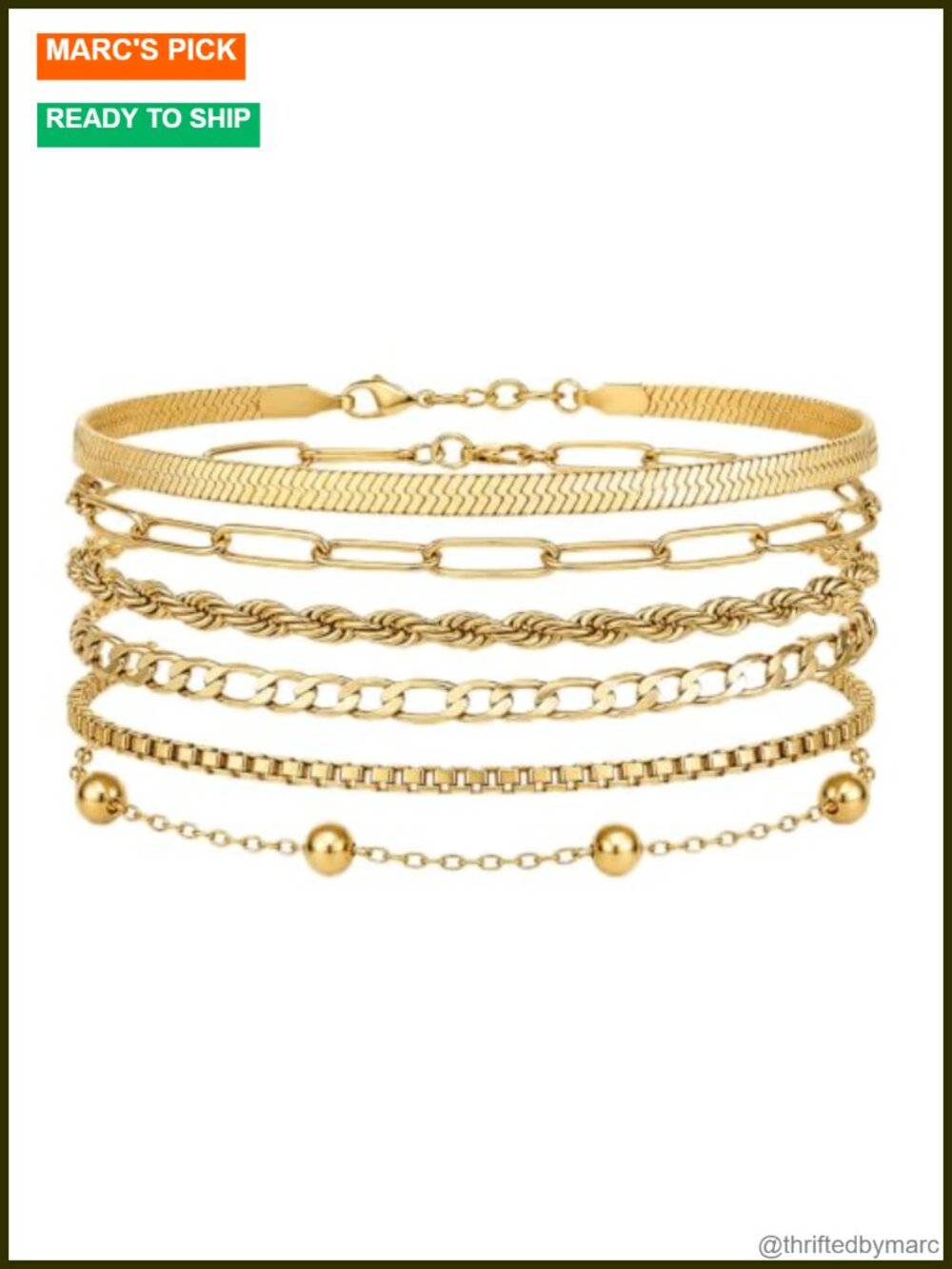 18K Gold Plated Stainless Steel 6 Piece Chain Bracelet Stack Set